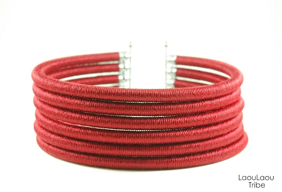 POTHOS Red Silk Coil Choker, Handmade African Tribal Statement Necklace