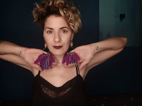 Frida Boho Tassel Earrings: Handmade Silk Sari, Purple Statement Jewelry