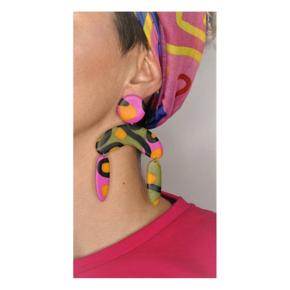 Abstract colourful design,  polymer clay earrings, bold long earrings, hypoallergenic, lightweight