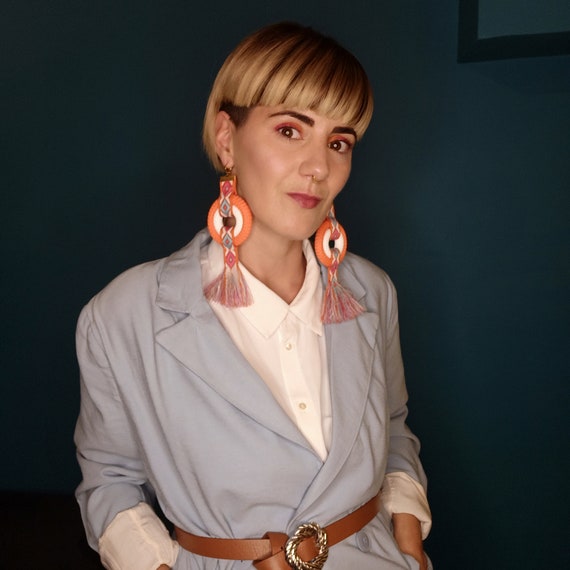 Handmade Peruvian Tribal Circle Earrings: Orange Bohemian Statement Jewelry