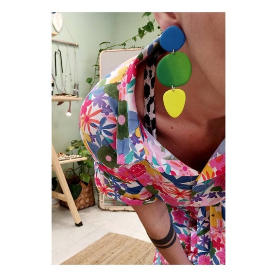 Handmade Polymer Clay Dangle Earrings: Blue, Yellow, Green