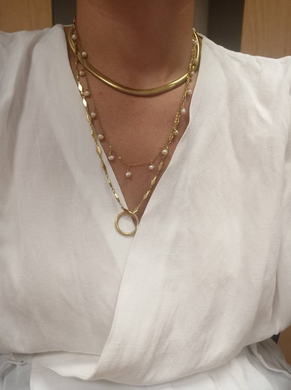Gold Plated Layered Necklace: Steel Snake Chain, Pearls, Bohemian Ethnic Style