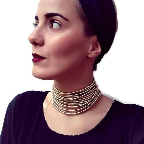 Gold African Necklace Multi Wearable Jewelry Coil Rose gold, Gold/Black/Silver Multistrand Choker Avant Garde Jewelry, Body Jewelry, Ndebele