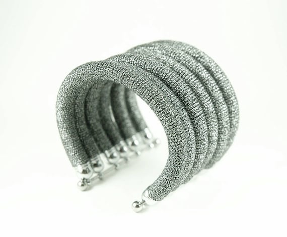 Metallic Black Tribal Cuff Bracelet: Silk, Wool & Cotton Bangles