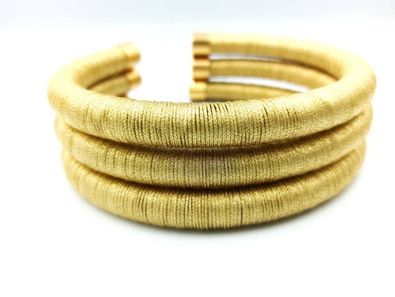 Set of 3 Gold Metallic Thread Chokers: Handmade Tribal Neckrings