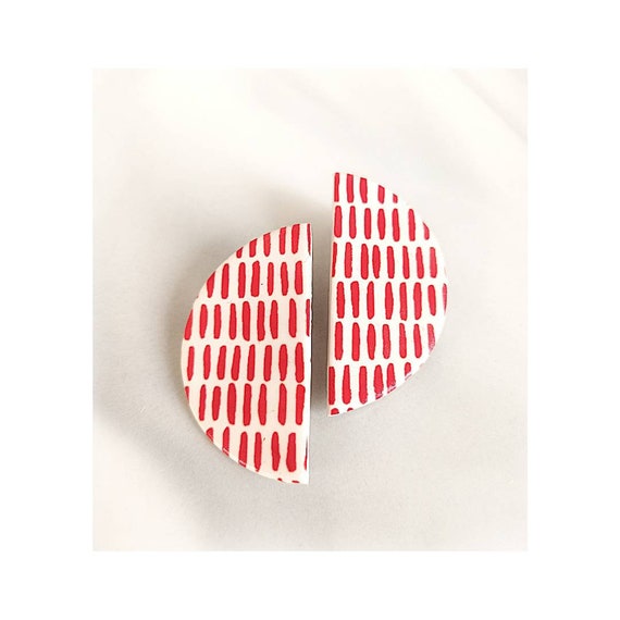 Clay earrings, big statement studs, red print on white, half circle shape, hypoallergenic, lightweight