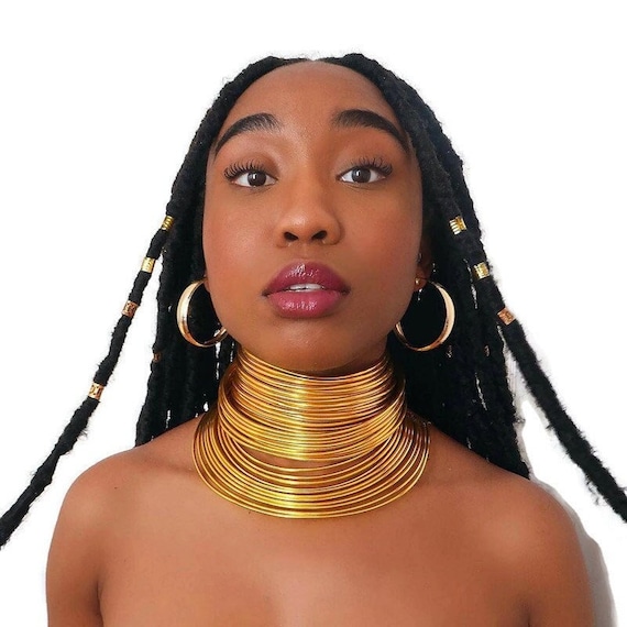 African Queen, Full Neck Tribal Collars Set, Choker Coil, Wedding Collar, Traditional Nedbele, Warrior Cuff Necklace Set, Bold, Metallic