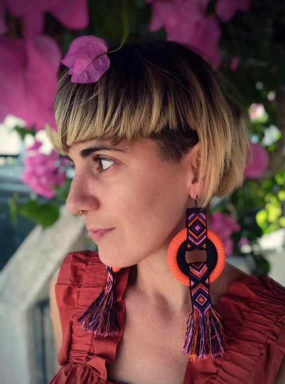 Orange & Black Tribal Rope Earrings: Bohemian Statement Jewelry