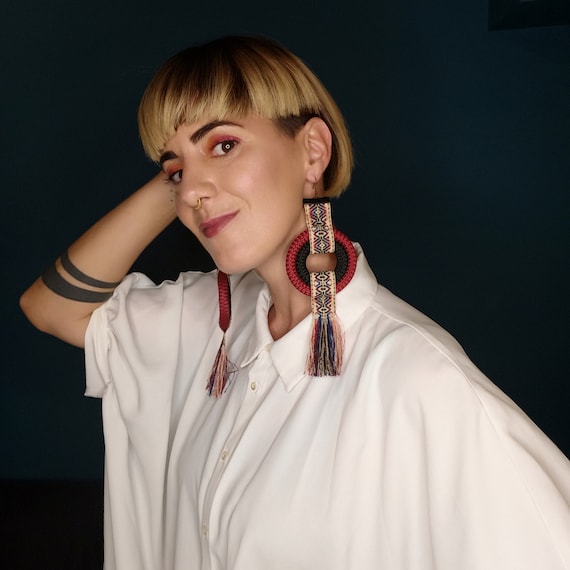 Red & Black Peruvian Circle Earrings: Bohemian Rope Statement Jewelry