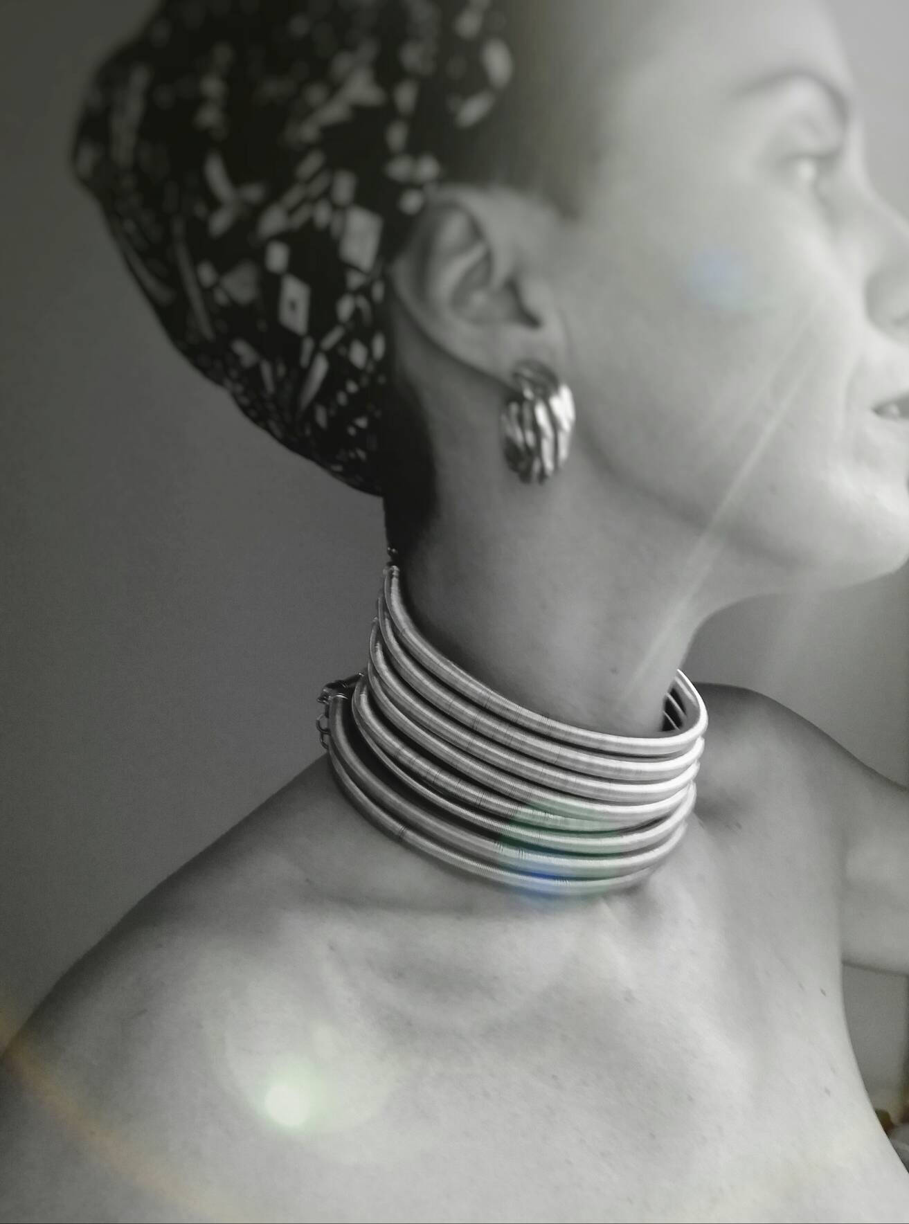 Silver Tribal African Metallic Coil Choker, Traditional Wire Silver Tribal African Metallic Coil Choker, Traditional Wire