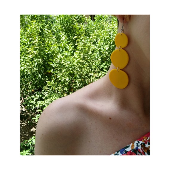 Yellow Polymer Clay Earrings: Long Steel Statement Jewelry