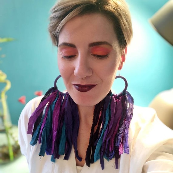 Boho extra Long Shredded Totem Tassel Earrings, Ethnic, Silk Sari, Gypsy, Lightweight, Handmade Jewelry, Statement   Earrings,Purple shades