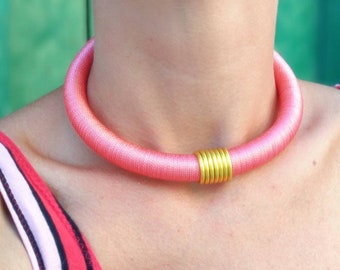 SPIRALIA Light Pink African Choker: Gold Spiral Bib Necklace, Tribal Jewelry
