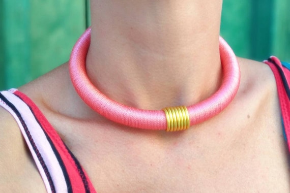 SPIRALIA Light Pink African Choker: Gold Spiral Bib Necklace, Tribal Jewelry