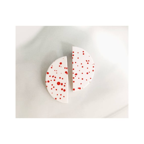 Handmade Clay Earrings: Red Polka Dot Steel Studs