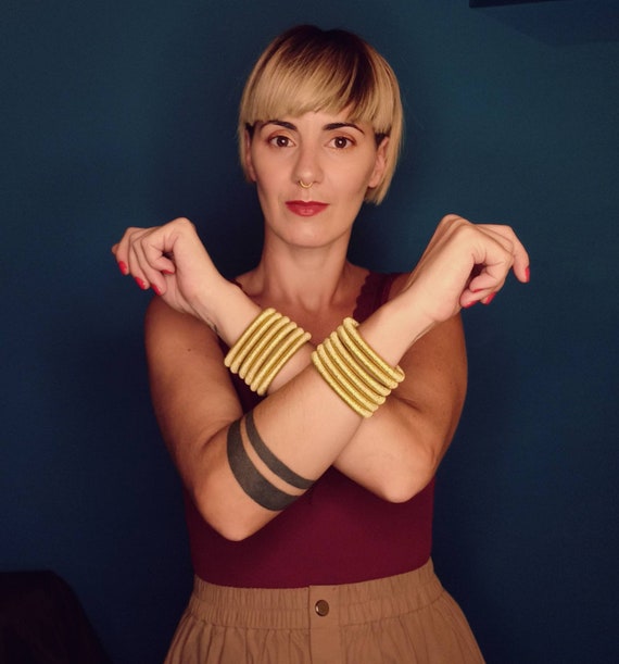 Handmade African Tribal Cuff: Gold Silk & Fabric Wrapped Bracelet