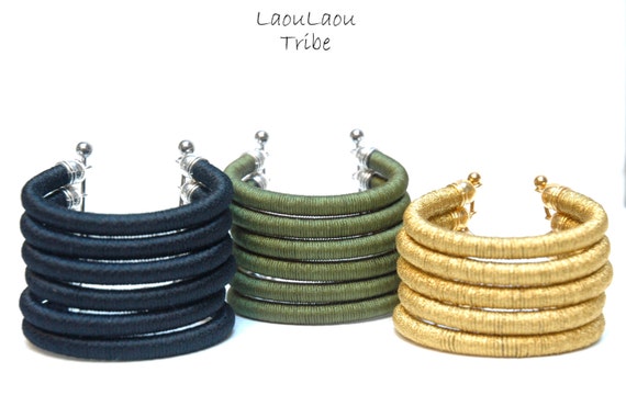 African Coil Wrapped Cuff Unisex Silk and Fabric Bracelet Handmade Jewelry  Bangles Tribal Inspired