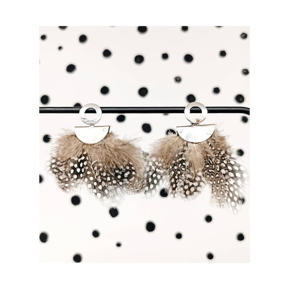 Statement Feather Earrings: Latte Polka Dot, Silver Steel, Ethnic Earrings