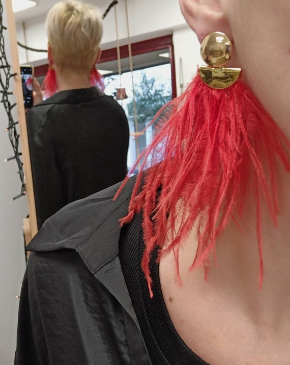 Statement Long Feather Earrings, Vibrant red and gold bold ethnic earrings
