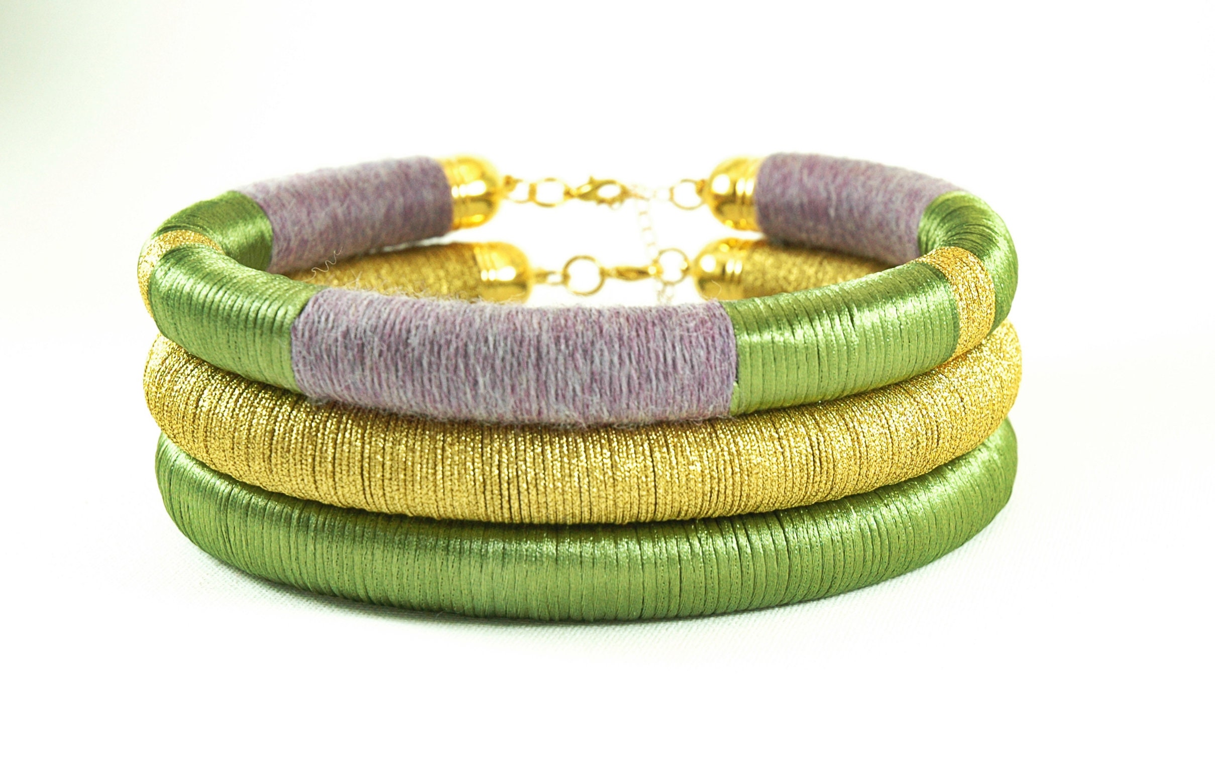 African Tribal Coil Chokers Royal Gold, Green and Purple Afro Collar Statement Necklace Silk Wrapped Neck Rings Metallic Multi Strand Custom