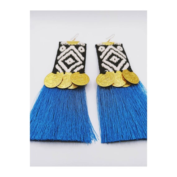 Blue fringe Boho Long Totem  Earrings, Ethnic, statement earrings
