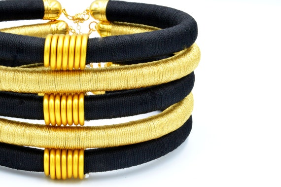 LAOMAHI Black & Gold Stacked Chokers African Tribal Statement Necklace