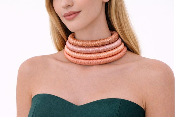 PEONY Dusty Pink Silk Wrapped Neck Rings African Tribal Choker Set Stacked, Adjustable