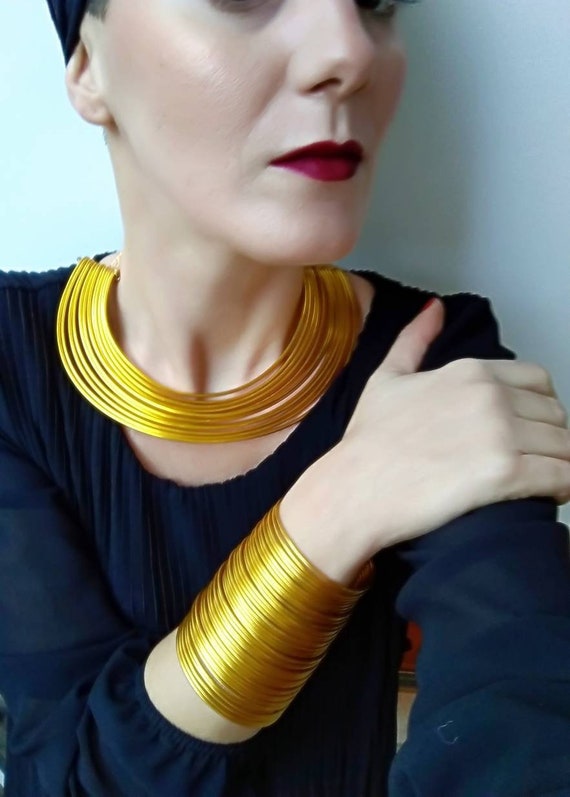 FRIDERIKI Gold Aluminum Royal Collar Necklace & Cuff Bracelet: Tribal Wedding Jewelry Set