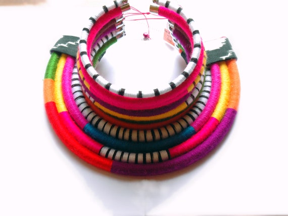 African Tribal Bib Necklace: Multi Color Choker Coil Jewelry Set