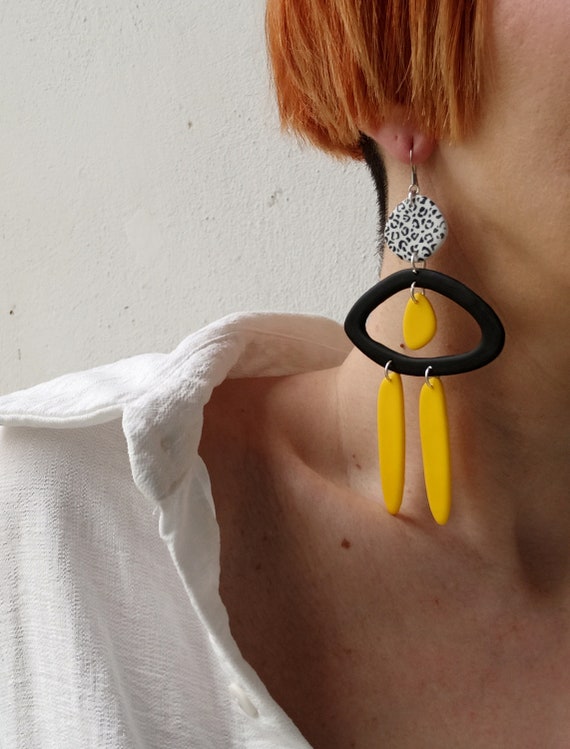 Handmade Polymer Clay Dangle Earrings: Yellow & Black Statement Jewelry