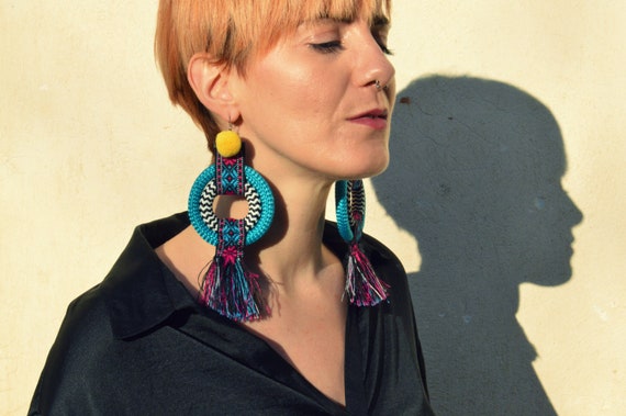 Blue Tribal Peruvian Big Circle hook earrings, Rope Statement Earrings, Bohemian, Ethnic colorful handmade jewelry, funky
