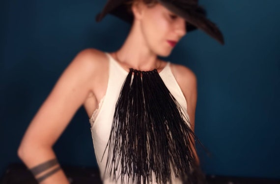 THEROS Black Raffia Fringe Necklace Ethnic Tribal Boho Choker
