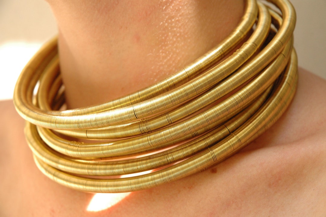 Gold African Metallic Tribal Choker, Coil, Necklace, Wire Wrapped, Cuff