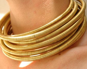 Gold African Metallic Tribal Choker, Coil, Necklace, Wire Wrapped, Cuff Necklace, Jewelry Neckrings, Collar, 1-8 Stacked Neckrings Set