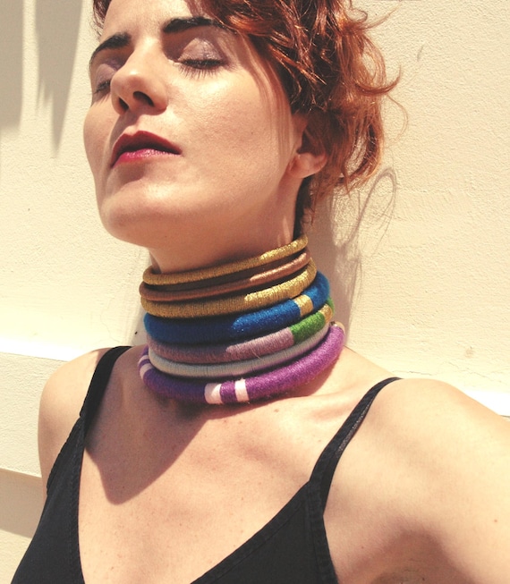 AGIASOS Royal Blue African Coil Chokers: Handmade Tribal Neck Rings - Set of 7