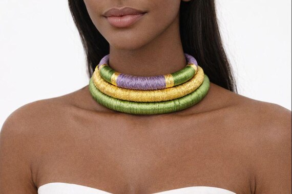 VALERIA African Tribal Choker: Royal Gold, Green & Purple Silk Neck Rings