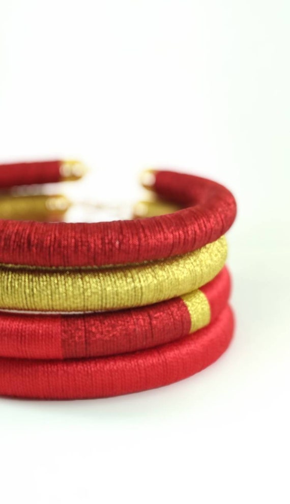 African Tribal Necklace: Red & Gold Silk Coil Choker Set