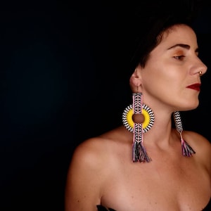 Yellow, B&W Tribal Peruvian Big Circle hook earrings, Rope Statement Earrings, Bohemian, Ethnic, colorful handmade jewelry, funky