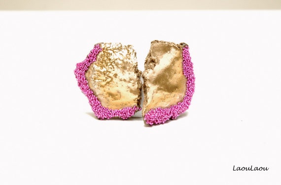 Eco Friendly Earrings Stud  Papier Mache Fragments of Gold Primitive Tribal