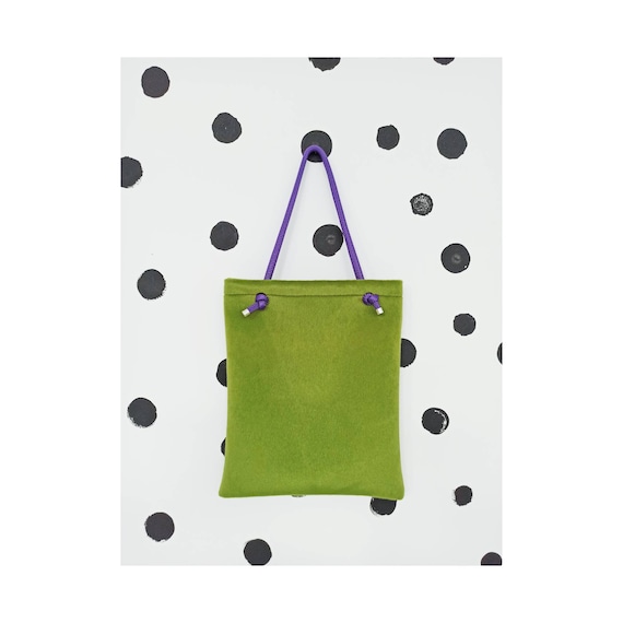 Handmade Green Tote Bag: Alkandara Fabric, Purple Handles