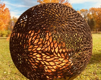 Dahlia Flower Metal Fire Pit, Handcrafted Fireball Art