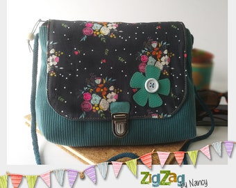 Floral shoulder strap in velvet, cotton and suede (25 x 20 cm), small bag, crossed cord shoulder strap.