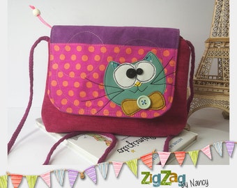Monsieur Chat Fuchsia and purple shoulder strap, children's handbag, flap bag, light crossbody strap or shoulder carry