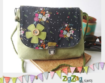 Floral shoulder strap in velvet, cotton and suede (25 x 20 cm), small bag, crossed cord shoulder strap.