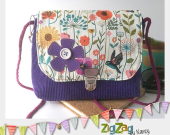 Floral shoulder strap in velvet, cotton and suede (25 x 20 cm), small bag, crossed cord shoulder strap.