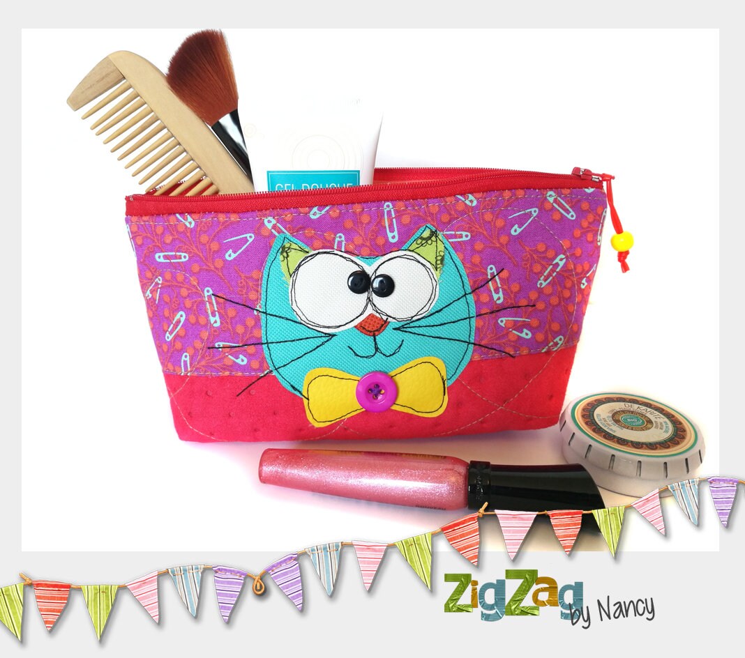 Trousse à Soufflet Maquillage, Crayons, Toilette Chat Parme et Corail