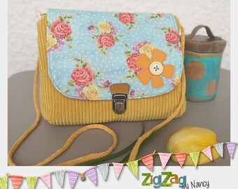 Small floral bag worn over the shoulder, women's bag, suede and yellow velvet bag, bucolic rose bush pattern 25 x 20 cm