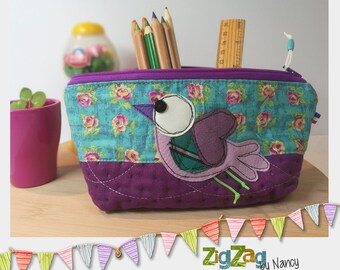 Pencil case in quilted and padded suede / Make-up bag in suede and cotton / children's brush and toothpaste pouch