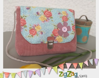 Small floral bag worn over the shoulder, women's bag, suede and velvet bag, bucolic rose bush pattern 25 x 20 cm