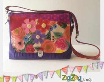 Shoulder bag in suede and printed cotton - three compartments and removable strap - A5 format